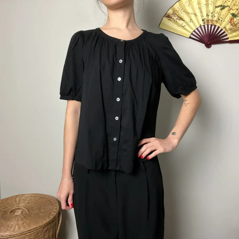 black minimalist puff sleeve boxy cotton button shirt blouse top